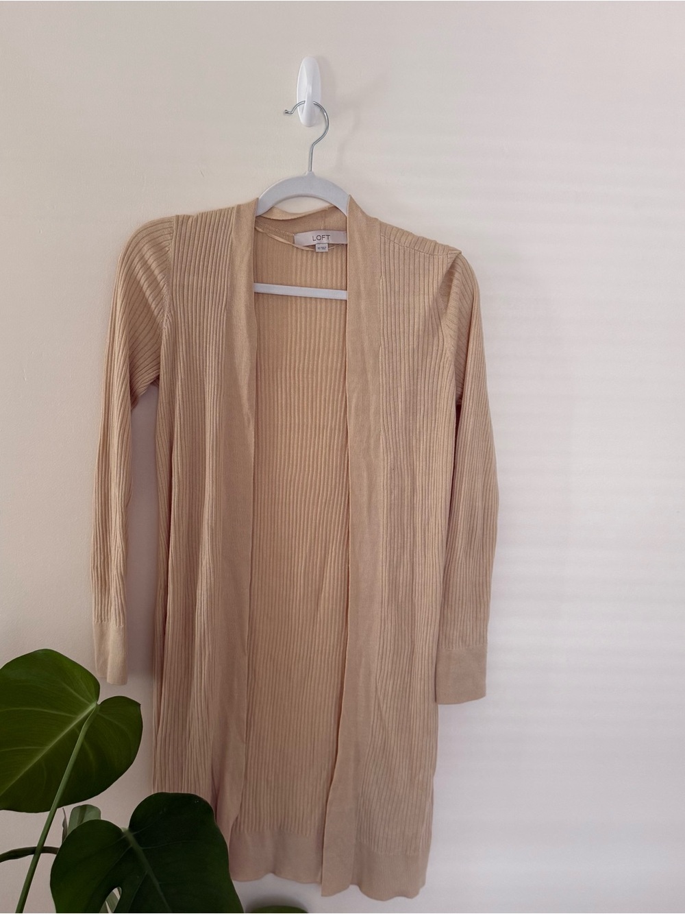 LOFT Ribbed Open-Front Long Cardigan in Beige